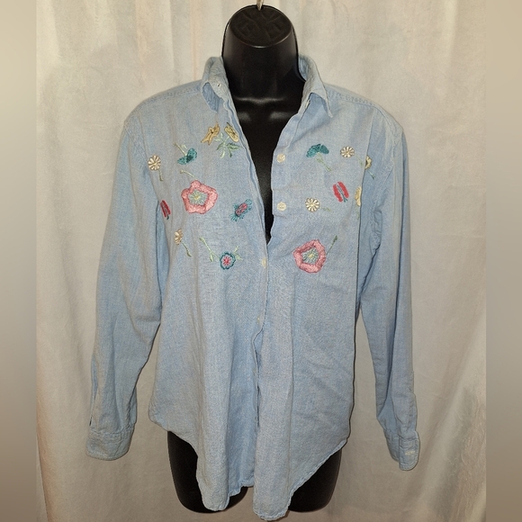 Embroidered Light Blue Button-Up Shirt - Picture 1 of 6